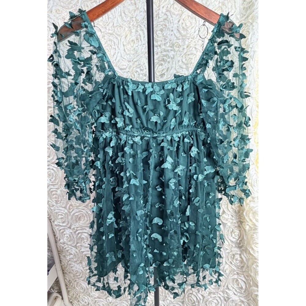 Thirty Thirty LA Emerald Green 3D Butterfly Tulle Babydoll Mini Dress Size Small - Picture 3 of 5